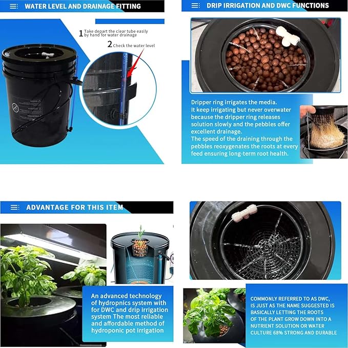 GROZY DWC Hydroponics Grow System Black Bucket Kit with Air Pump 5 Buckets 5 Gallon Each 15x12x12 Inches Indoor Growing
