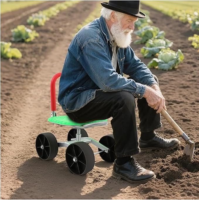 Rolling Garden Stool with Backrest Height Adjustable Mobile Work Seat with Wheels for Greenhouse Work Woven Seat (silunC1-1)