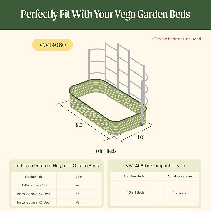 Vego Garden Modular Wall Trellis System Five Section 8.0' Long for 4.0' x 8.0' (10 in 1) Garden Beds