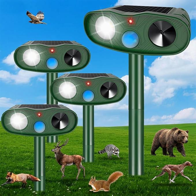 4Pack Ultrasonic Cat Repellent Outdoor Bear Repellent DevicesSolar Animal Repeller Motion Detection Rabbit Raccoon Squirrel Dog Squirrel Repellent Deterrent with LED Flash Lights for Yard