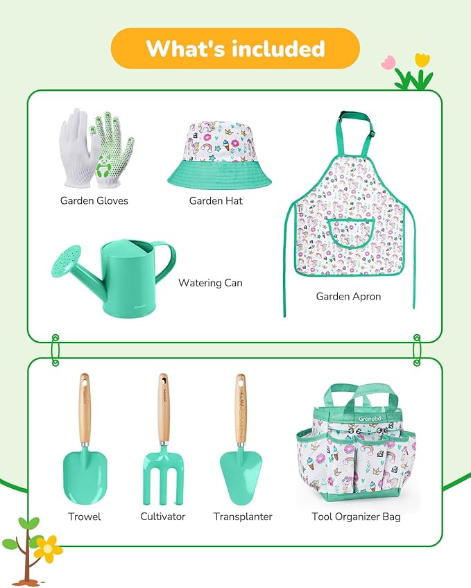 Kids Gardening Set ToysIncludes Metal TrowelTransplanting ShovelGarden hatRakeApronGlovesWatering Canand Tool Organizer Bag (Lake Green)