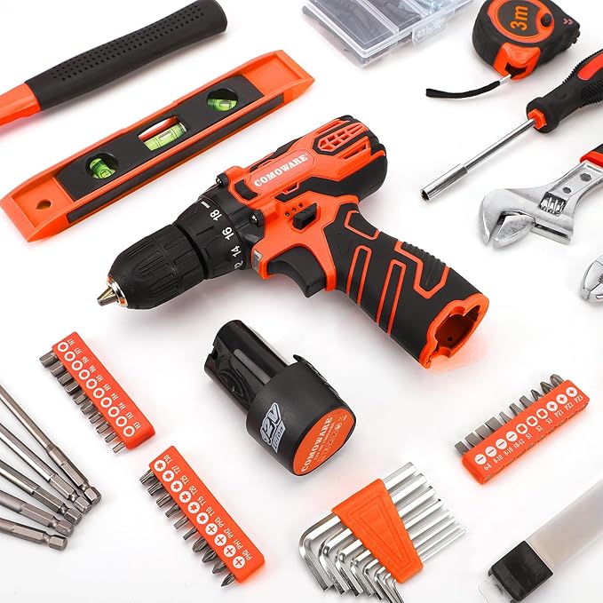 COMOWARE 12V Cordless Drill Set 169Pcs Hand Tool Set with Cordless Drill Driver Complete Repair Tool Kit for Men Storage Bag Ideal for Office Garden Dorm and DIY Project