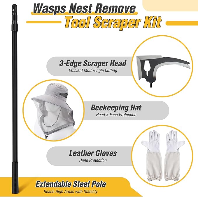 3 PCS Wasp Nest Removal Tool Set 100 Inch Extendable Pole with 3-Edge Scraper Beekeeper Hat &amp Leather Gloves for Safe Removal of Hornet Wasp &amp Bee Nests