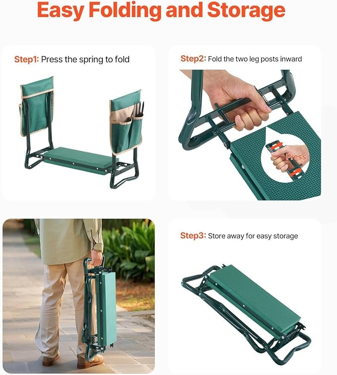 Garden Kneeler and Seat with 6 Thick EVA PadFolding Stool Bench330 lbs CapacityDual Tool BagsErgonomic Handles for SeniorsLightweight &amp Portable for GardeningWeedingPlanting