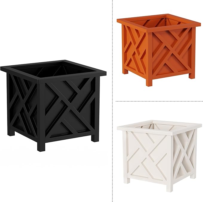 Lattice Design Planter Box 2-Pack – 14.75-Inch Decorative Outdoor Flower or Plant Pots – Front Porch Patio and Garden Decor by Pure Garden (Black)