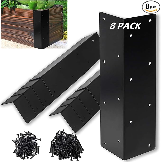 8 Pcs Raised Garden Bed Corner Brackets for 12''-24'' Flower Vegetable Furniture Planter Wood Garden Bed Box 11 x 3 x 3 Black Metal Corner Brackets Decorative with Screws
