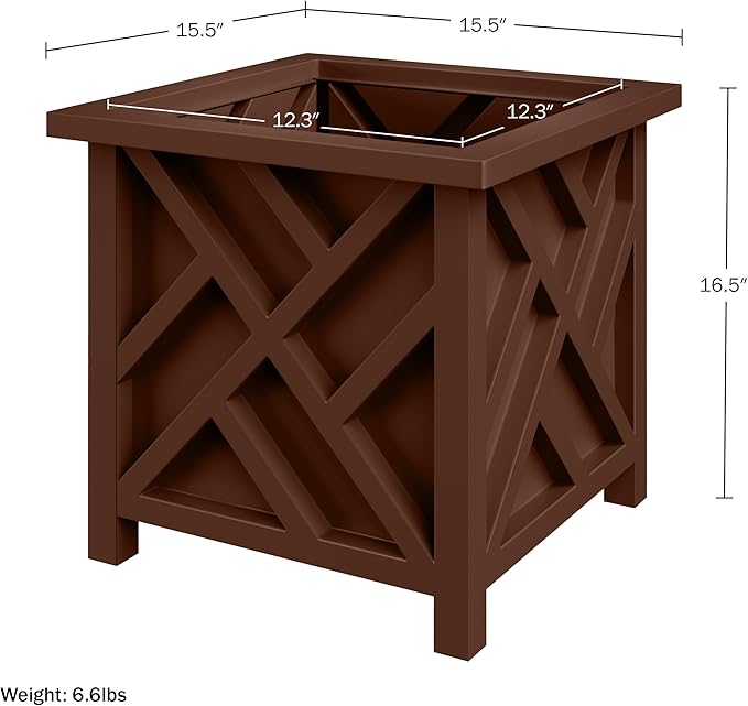 Lattice Design Planter Box - 15.5-Inch-Square Decorative Outdoor Flower or Plant Pot - Front Porch Patio and Garden Decor by Pure Garden (Brown)