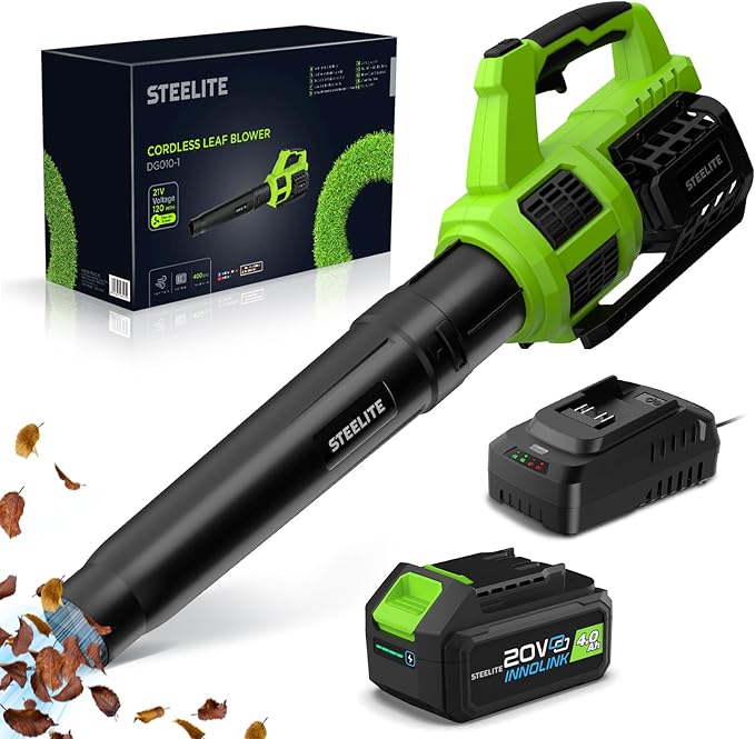 STEELITE Leaf Blower 21V Electric Leaf Blower Cordless with 4.0Ah Battery and Charger Powerful Battery Blower for Lawn Care Patio Cleaning and Dust