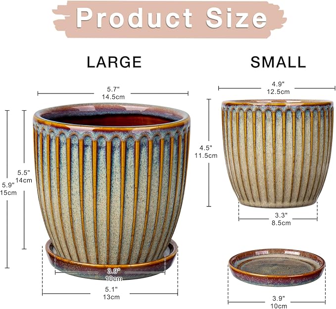 Oairse Ceramic Pots for Indoor Plants 4.9 +5.7 inch Set of 2 Brown Plant Pots with Drainage Holes and Saucers Texture Ceramic Planters Indoor Outdoor Flower Planters for Succulent