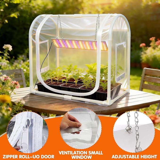 Mini Greenhouse with Grow Light for INDOOR OUTDOOR Metal Fram Tabletop GreenHouse with Waterproof Mat 3/9/12H Timer &amp Dimming Function for Seed Starting Mushroom Cultivation(23.6L x 15.7Wx 19