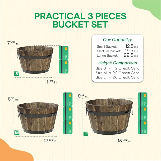 Idzo Set of 3 Wooden Flower Planters for Outdoor Plants Acacia Wood Barrel Planters Ergonomic Handles Drainage Holes Various Sizes Black