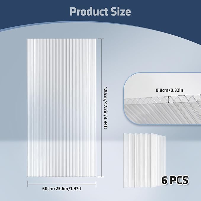 UMIG 6 PCS 4' x 2' x 0.32'' Polycarbonate Greenhouse Panels Twin-Wall Waterproof UV Protected Corrugated Plastic Roof Panels Sheets Clear Replacement Panels for Greenhouse Outdoor Plant