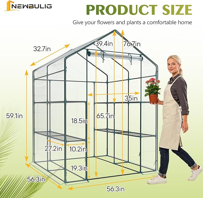NEWBULIG Walk-in Greenhouse 56.3x56.3x76.7 Outdoor Portable Greenhouse Kit with Thick PVC Cover &amp Roll-Up Zipper Door Sturdy Steel Frame for Backyard Patio Garden Clear