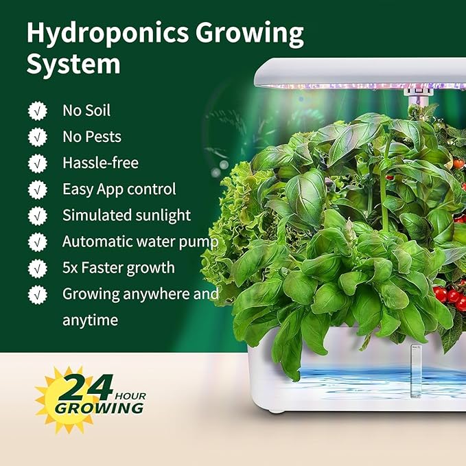 Hydroponics Growing System Kit with LED Grow Light Indoor Gardening System with 14 Pods WiFi Indoor Herb Garden Herb Garden Kit Indoor Adjustable Height Up to 16.5 Auto Pump 5L Water Tank