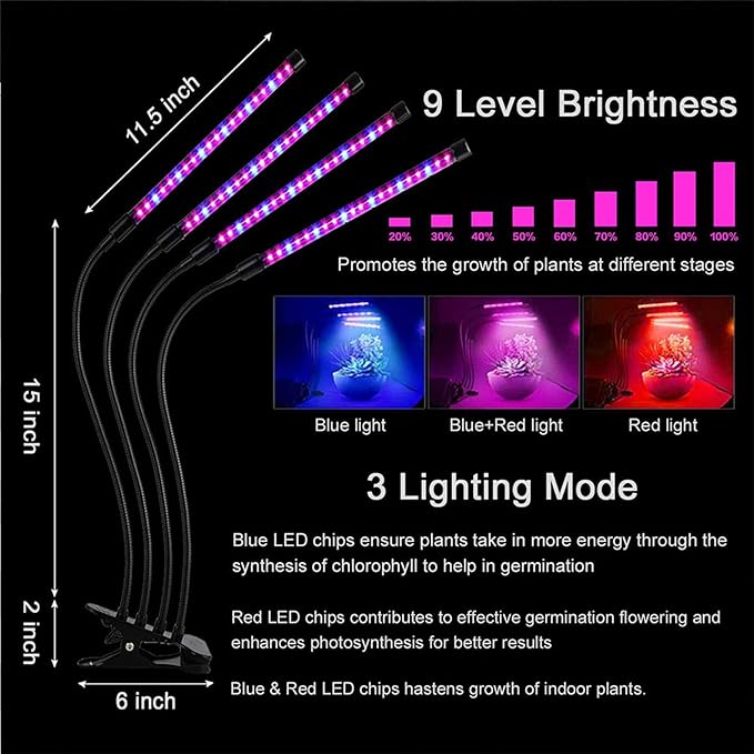 LED Grow Lights for Indoor Plants Plant Grow Lights Full Spectrum Auto ON Off with 3/9/12H Timer 9 Dimmable Lightness Clip-On Desk Grow Lamp Bulbs (Four Head)