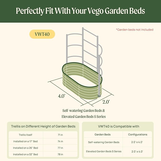 Vego Garden Modular Wall Trellis System Triple Section 4.0' Long for 2.0' x 4.0' Garden Beds