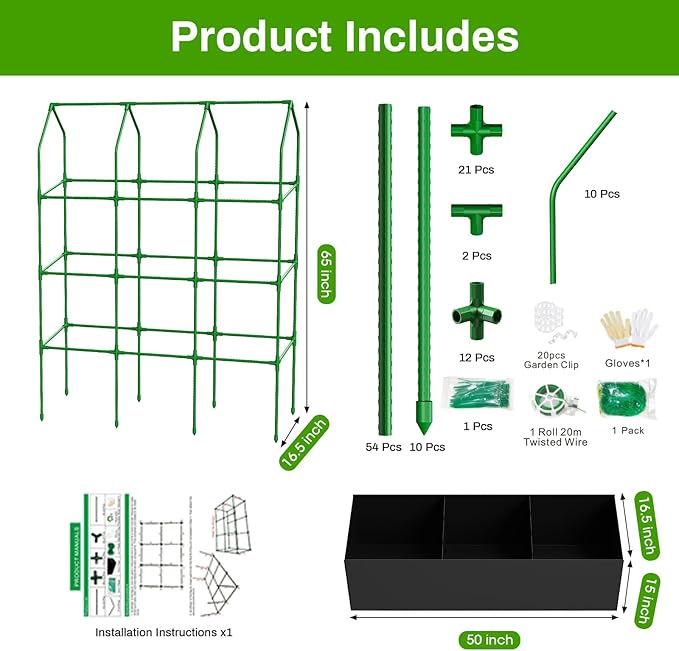 Large Cucumber Trellis with Grow Bag 65 Tall Metal Garden Trellis for Climbing Plants Outdoor Reusable Cucumber Trellis for Raised Bed with Netting for Tomatoes Peas Grapes Plant Support