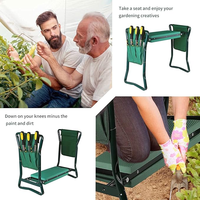 Garden Kneeler and Seat with Free Tool Pouches Heavy Duty Gardening Bench for Kneeling and Sitting Folding Garden Stools with Tool Pouch and Kneeling Pad