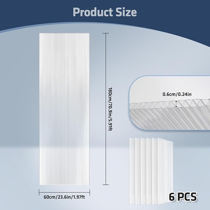 UMIG 6 PCS 6' x 2' x 0.24'' Polycarbonate Greenhouse Panels Twin-Wall Waterproof UV Protected Corrugated Plastic Roof Panels Sheets Clear Replacement Panels for Greenhouse Outdoor Plant
