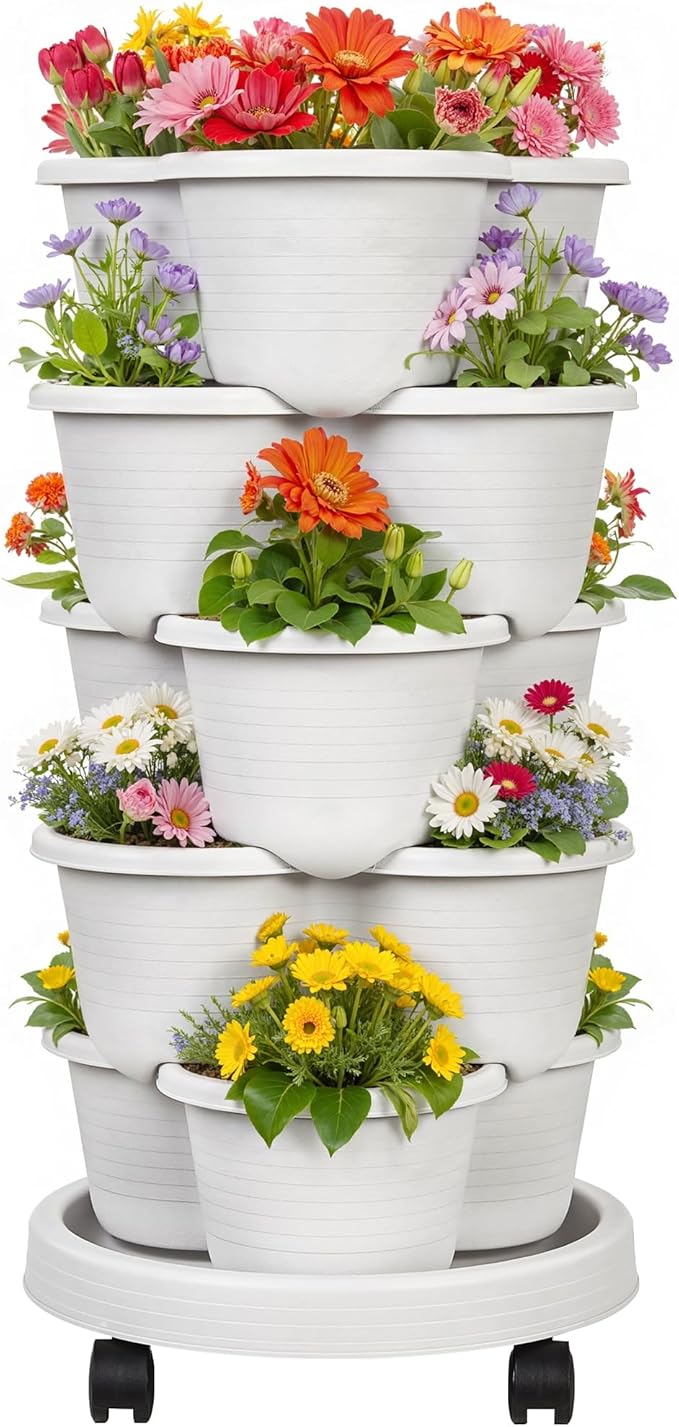 VECELO 5 Tier Vertical Garden Planter Self Watering Stackable Planters with Wheels for Strawberries Herbs Flowers Vegetables Gray