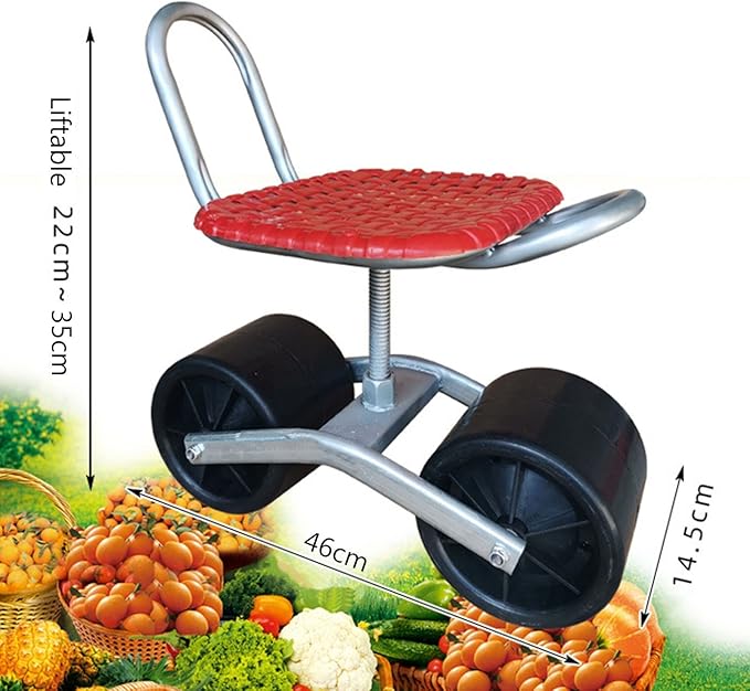 Rolling Garden Cart Work Seat Mobile Stool Bench with Height-Adjustable Swivel Seat 440-Pound Capacity for Outdoors Lawns and Yards(RedTwo Wheels)