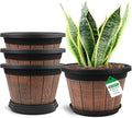 Quarut Large 4 Pack 14 inch Plant PotsWhiskey Barrel Planters with Drainage Holes &amp SaucerPlastic Decoration Flower Pots Retro DesignPlanters for Outdoor Indoor Garden Balcony Plants (Brown)