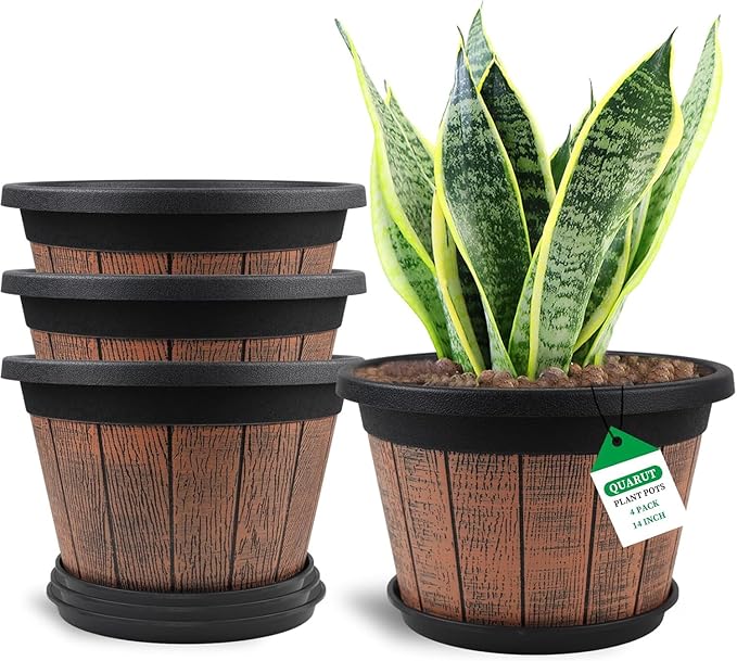 Quarut Large 4 Pack 14 inch Plant PotsWhiskey Barrel Planters with Drainage Holes &amp SaucerPlastic Decoration Flower Pots Retro DesignPlanters for Outdoor Indoor Garden Balcony Plants (Brown)