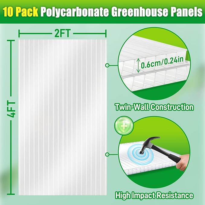 10 Pack Polycarbonate Greenhouse Panels 4' x 2' x 0.24'' Twin-Wall Polycarbonate Sheets All Weather Clear Roof Panels Greenhouse Replacement Panels