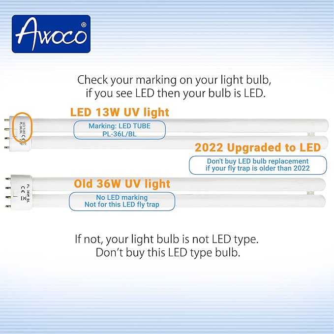 Awoco Replacement LED Tube PL-36L 13 W LED UV Light Bulb for Wall Mount Sticky Fly Trap Lamp FT-1E36-LED (PL-36L)