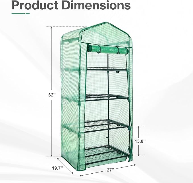 Aoodor 27x19x63 Inch 4 Tier Upgrade Greenhouse with Protective PE/PVC Base for Tidier and Cleaner Indoor Outdoor Gardening on The Deck Patio or Backyard Green