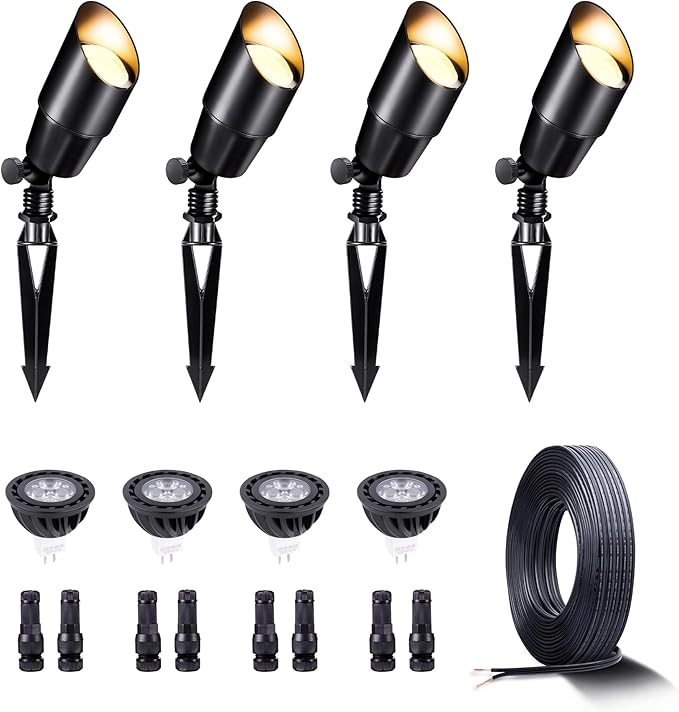 12V Landscape Spotlight Bundle - 4 Pack Spotlight 65FT 16/2 Cable Outdoor Waterproof LED Fixture for Garden Wall Tree with 5W 2700K Warm White MR16 Bulb