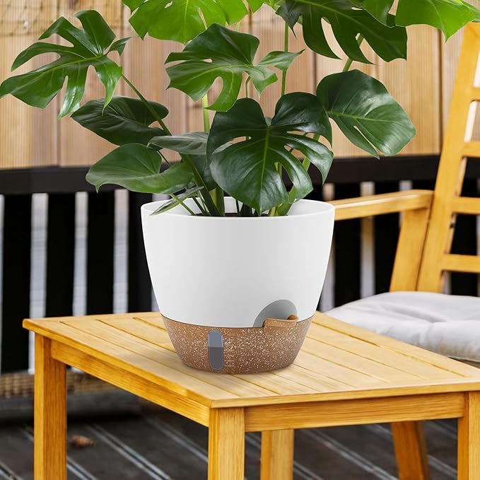 Self-Watering Plant Pots with Water Level Indicator Drainage Holes &amp Saucers – 12/10/9 Inch Large Plastic Planter Set for Indoor &amp Outdoor Plants (White)