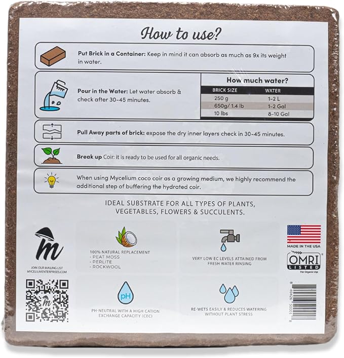 Mycelium Coco Coir Brick I Expandable Organic Coconut Fiber Substrate I Plants Potting Soil Mix for Indoor &amp Outdoor Gardening Succulents &amp Cactus I OMRI Certified &amp Non-GMO Soil Alternat