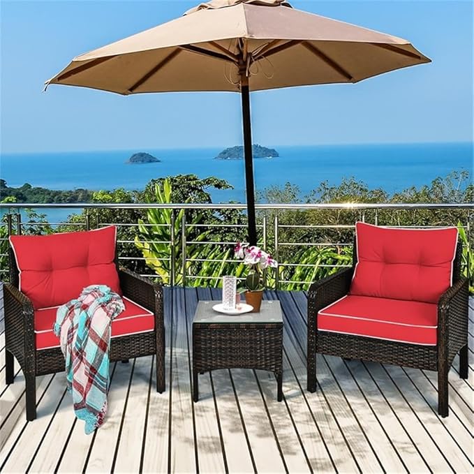 Pemberly Row 3-Piece 26'' Rattan Conversation Set Outdoor Seating Ensemble Built for Casual Comfort and Interaction Red