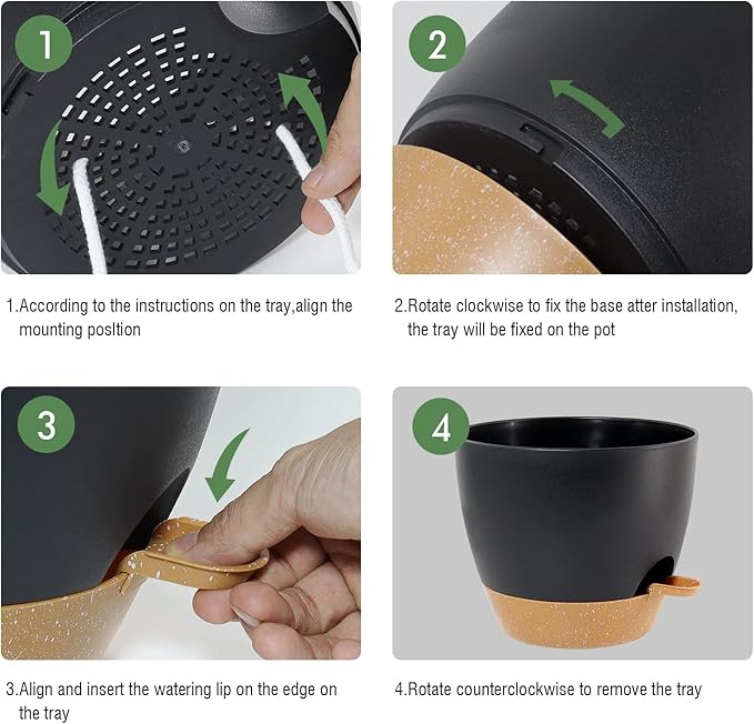 12 inch Large Self Watering Pots Plastic Planters with 60oZ Removable Deep Reservoir and Multi Mesh Drainage Holes for Indoor Outdoor Garden Plants and Flowers Black with Brown