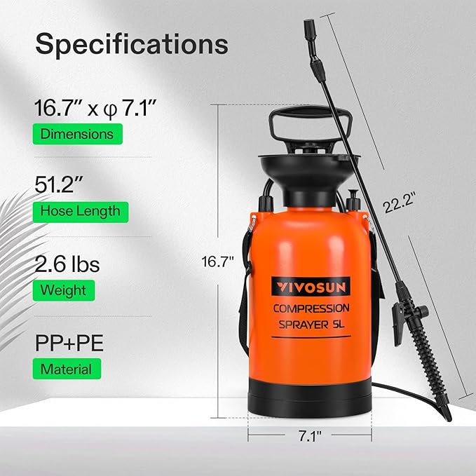 VIVOSUN 1.35-Gallon Pump Pressure Sprayer Pressurized Lawn &amp Garden Water Spray Bottle with Adjustable Shoulder Strap for Spraying Plants Garden Watering and Household Cleaning
