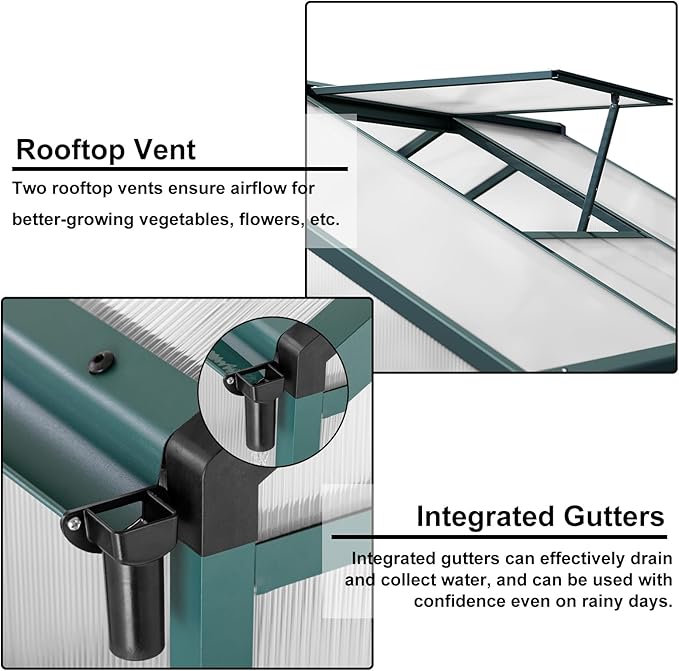 Greenhouse for Outdoors Polycarbonate Greenhouse with Quick Setup Structure and Roof Vent Aluminum Large Walk-in Greenhouse for Outside Garden Backyard (Green 10'D x 6.25'W)