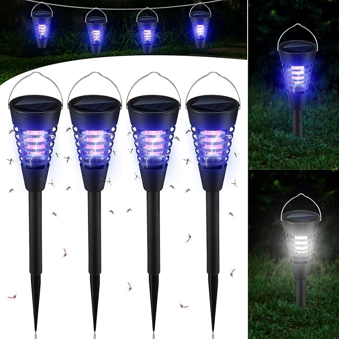 Qualirey 4 Pack Solar Bug Zapper &amp Mosquito Killer Outdoor Waterproof Cone-Shaped LED Light Mosquito Repellent for Patio Garden Yard Camping - Hanging/Insertion Design (White &amp Purple Light