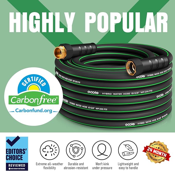 Heavy Duty Garden Hose 50 ft NON-EXPANDABLE Water Hose with 10 Function Spray Nozzle Lightweight Kink-less Hybrid Hose with Swivel Handle Male to Female Fittings