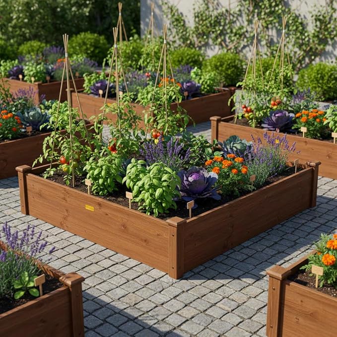 Hollyone 48 X 48 inches Wood Raised Garden Bed Frame Planters Wooden Elevated Planting Planter Box for Outdoor Herb Vegetables Flowers Grass Lawn Yard Patio - Brown 4×4ft