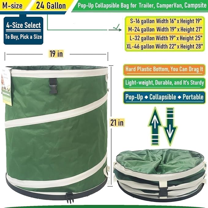 24-Gallon Collapsible Trash Can (19x21 in) Hard-Shell Bottom Leaf BagYard Waste BagsGarden Debris BagRV Camp Waste BinPop-Up Trash CanRecycling BinLaundry HamperLawn Grass ClippingsWeed Barrel