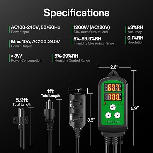 VIVOSUN Humidity Controller 1200W Dual-Stage Outlet Pre-Wired Digital Humidistat with Dual LED Displays for Humidifier/Dehumidifier/Fan Ideal for Greenhouse Grow Tent Home-Brewing Mushroom