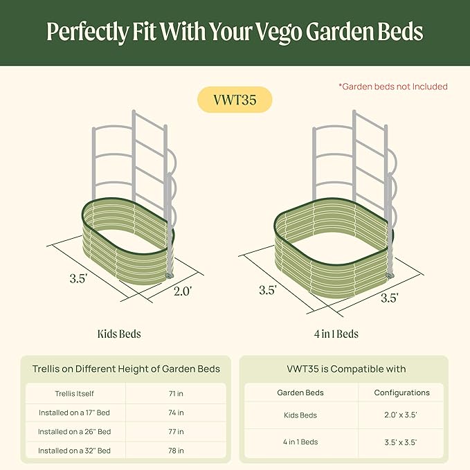 Vego garden Modular Wall Trellis System Triple Section 3.5' Long for 2.0' x 3.5' (Kids Bed) or 3.5' x 3.5' (4 in 1) Garden Beds