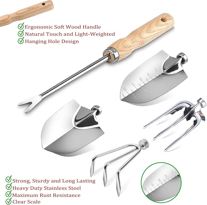 10-Piece Heavy-Duty Gardening Tools Set with Tote Bag - Rust-Proof Aluminum Gardening Hand Tools with Non-Slip Ergonomic Wood Handle - Gardening Supplies Set Ideal Gift for Men &amp Women