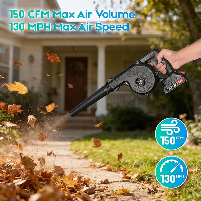 Leaf Blower Cordless 2 x 24V 2.0Ah Battery and Charger 150CFM 130MPH Electric Cordless Leaf Blower with Brushless Motor Handle Electric Blower Cleaner