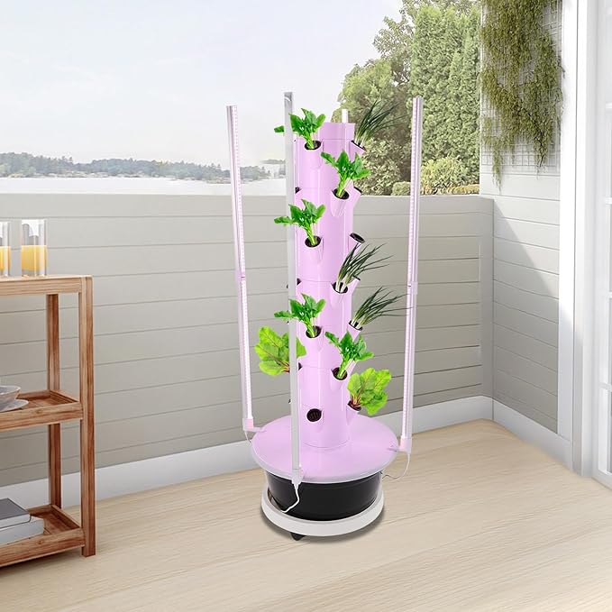 Vertical Hydroponics Growing System Kit 28-Plant Hydroponics Growing Tower with Led Lighting 24-Hour Cycle Timer H.Max 18.04ft Q.Max 211.33Gal/h for Fruits Vegetables Indoor Gardening