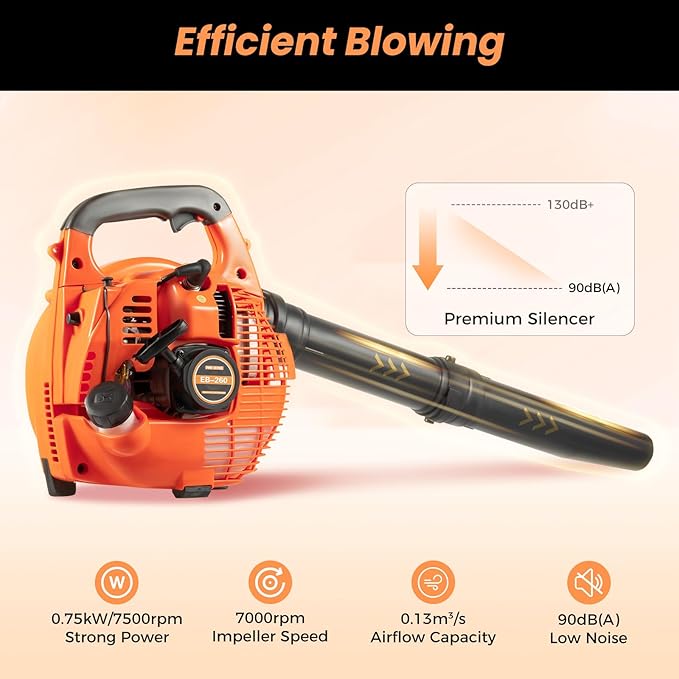 Handheld Gas Blower 25.6 Inch Single Cylinder Gas Powered Leaf Blower 750W 7000RPM 4.59FT³/H Handheld Gas Blowers for Lawn Care with Air Cooling System.