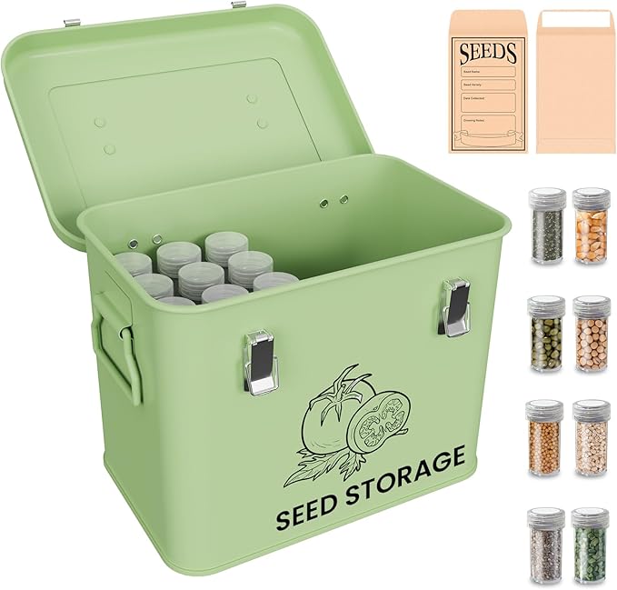 Seed Storage Organizer Box Metal Seed Box Garden Seed Organizer with Lid Seed Containers Storage with 3 Compartments 30 Seed Holder Organizers 50pcs Seed Envelopes (Green)