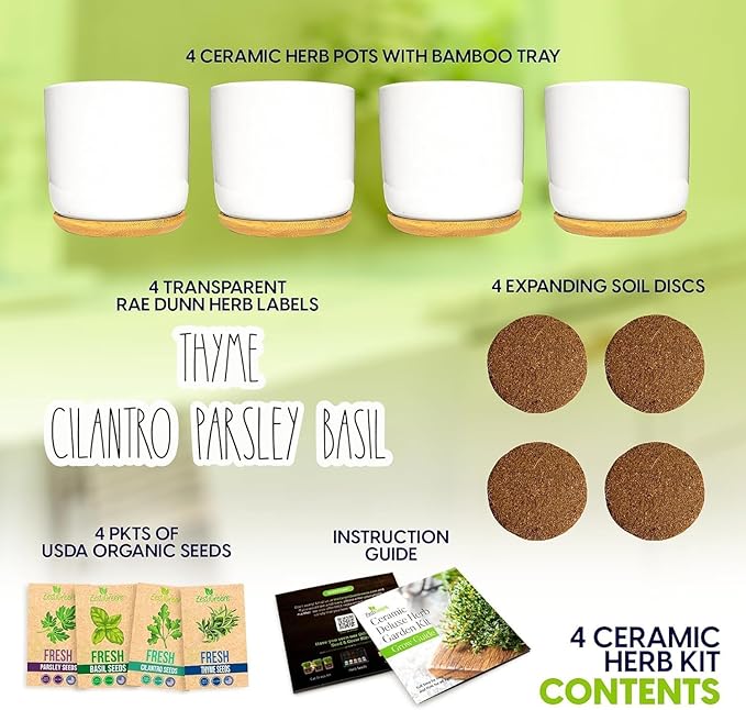 Deluxe Ceramic Indoor Herb Kit 4 Set. Variety Herbs for Indoor &amp Outdoor – Get Growing with Pots Potting Soil for Window Herb Garden. (Ceramic Edition)