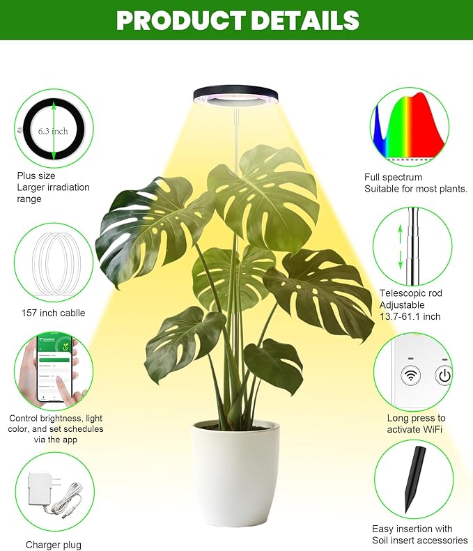 Plant Grow Lightyadoker Smart Plant Light Compatible with AlexaGoogle for Indoor PlantsHeight AdjustableCustomized Light BrightnesssMultiple Timers